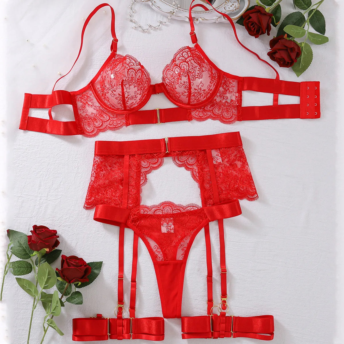 Set Lingerie Nera con Ricamo Floreale