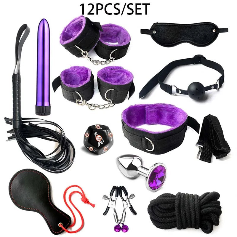 BDSM Kits Sex Bondage Set Handcuffs Gag Whip Nipple Clamps Erotic Sex Toys for Women Couples Adult Sex Shop Anal Butt Plug Tail