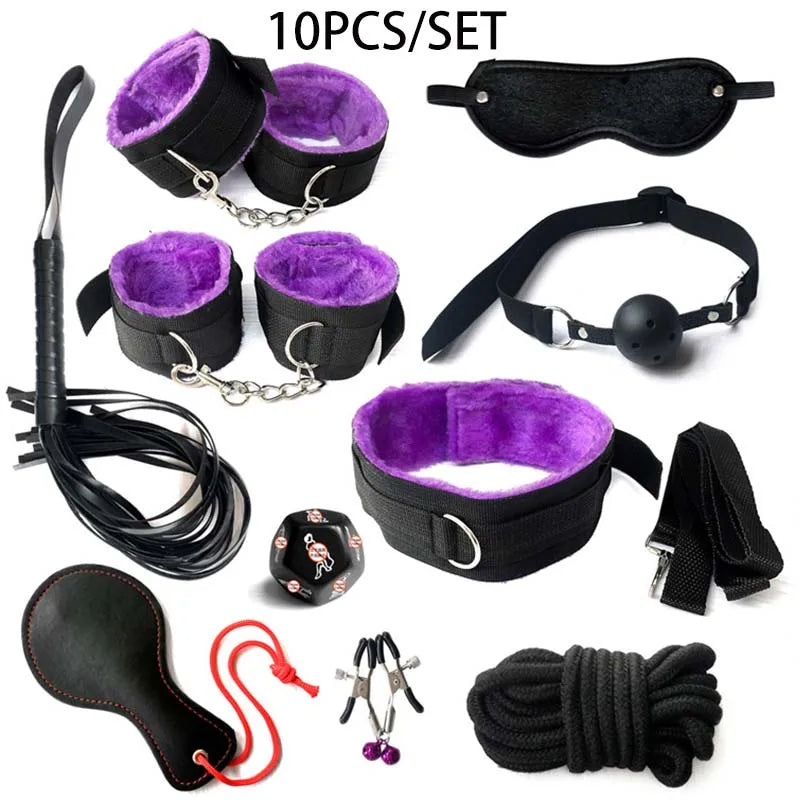 BDSM Kits Sex Bondage Set Handcuffs Gag Whip Nipple Clamps Erotic Sex Toys for Women Couples Adult Sex Shop Anal Butt Plug Tail