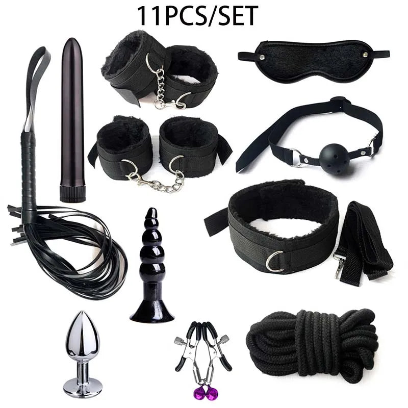 BDSM Kits Sex Bondage Set Handcuffs Gag Whip Nipple Clamps Erotic Sex Toys for Women Couples Adult Sex Shop Anal Butt Plug Tail